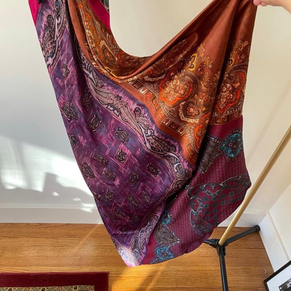 VINTAGE HANDMADE 100% SILK SCARF HALTER MAXI DRESS - Picture 5 of 7